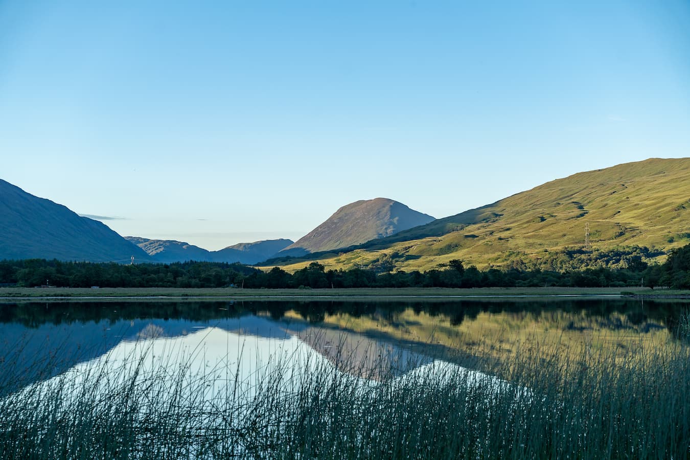 Loch Awe from low down with mountain in the background and clear blue sky above