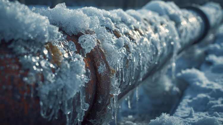 Frozen water pipe covered in snow and ice with snow in the background.