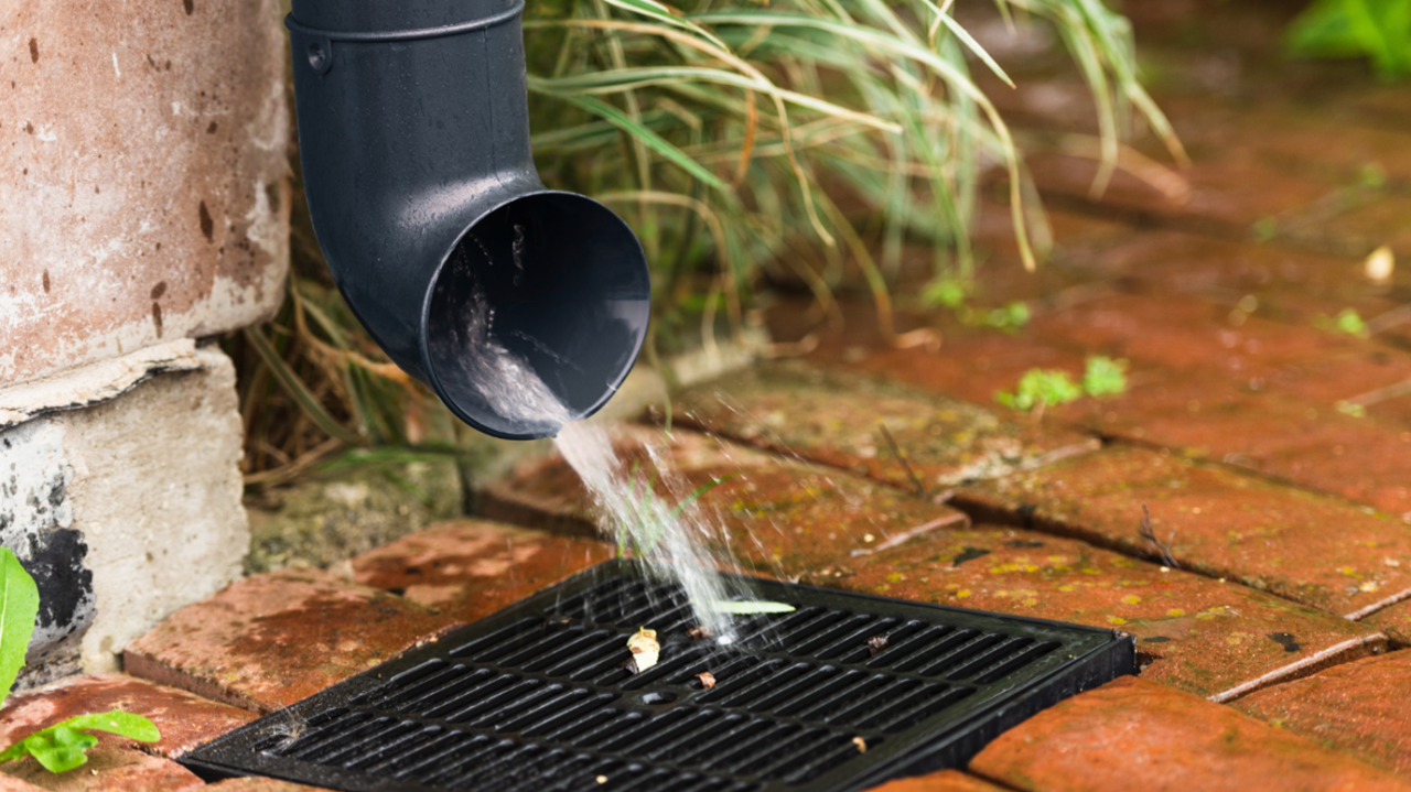 Rainwater flowing from a black downspout into a metal grate on a brick path.