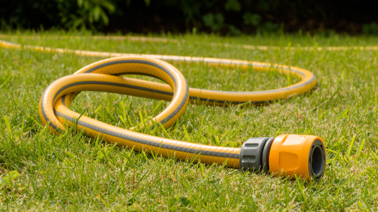 A yellow garden hose with a grey and yellow nozzle attachment is coiled on grass. The background shows some greenery and blurred foliage.