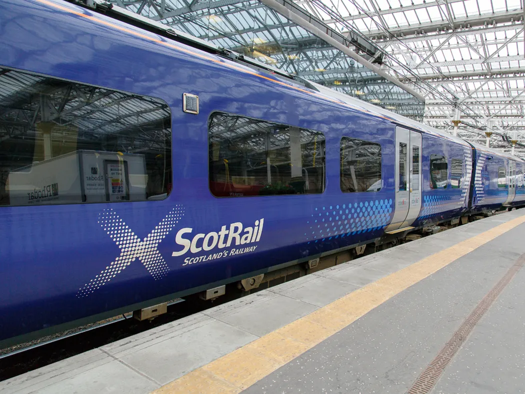 Close up of a blue ScotRail train on platform