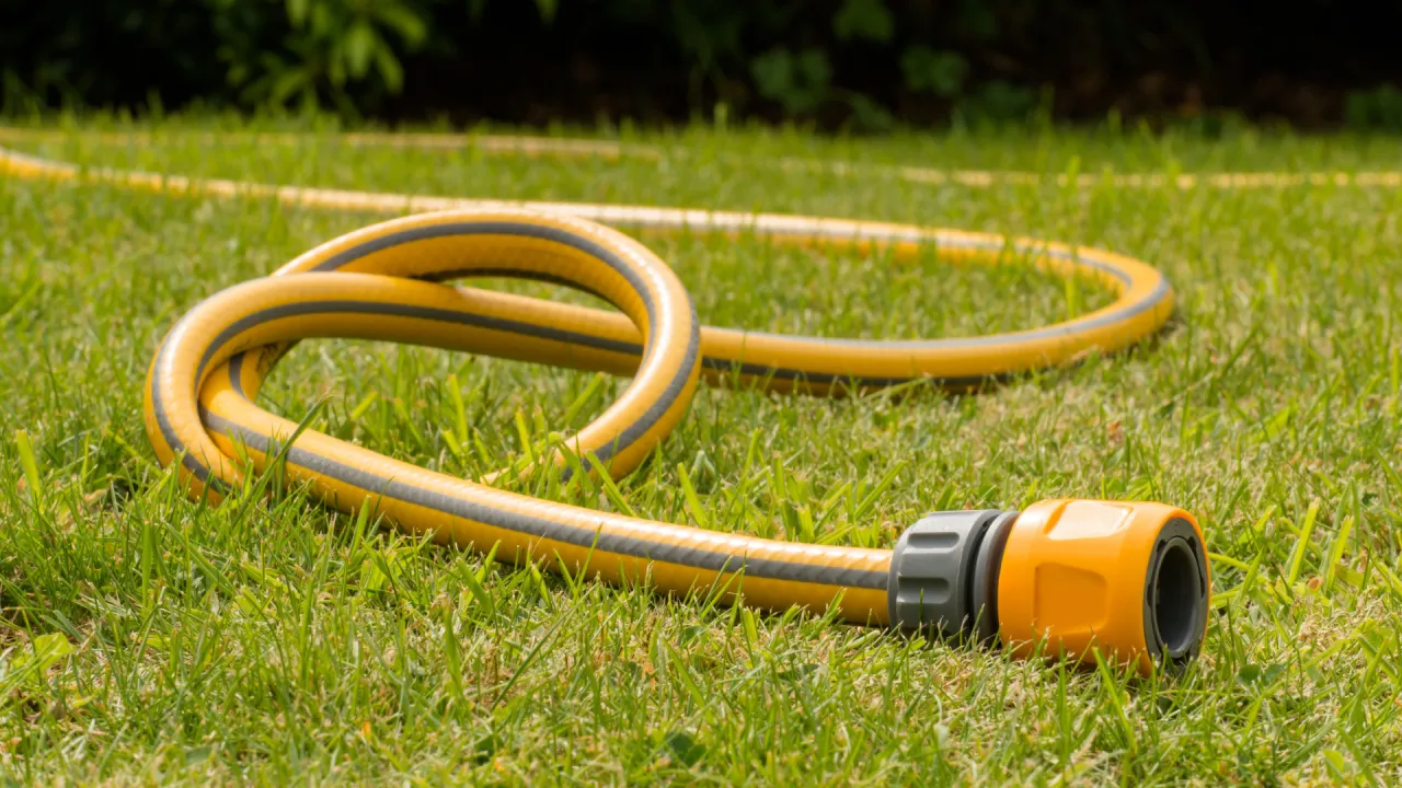 A yellow garden hose with a grey and yellow nozzle attachment is coiled on grass. The background shows some greenery and blurred foliage.