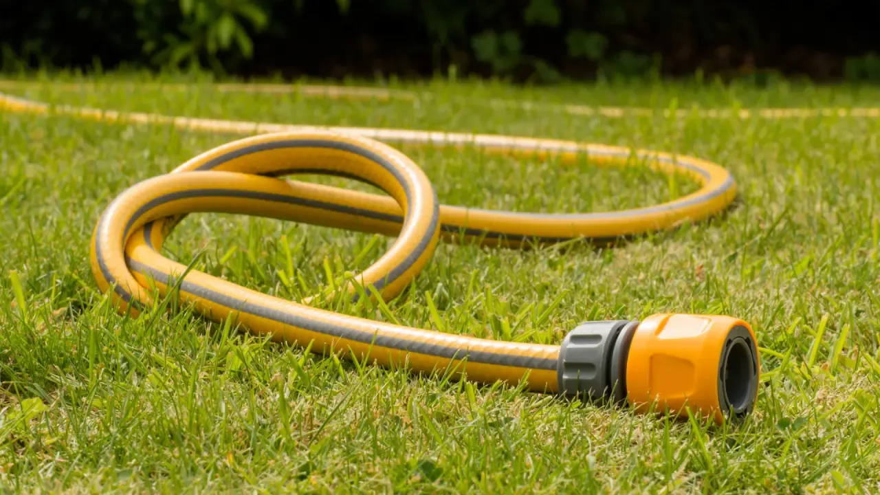 A yellow garden hose with a grey and yellow nozzle attachment is coiled on grass. The background shows some greenery and blurred foliage.