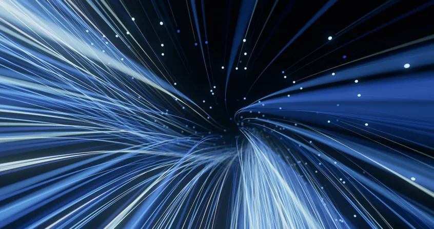 Blue lines representing a data stream flowing out of the image against a black background