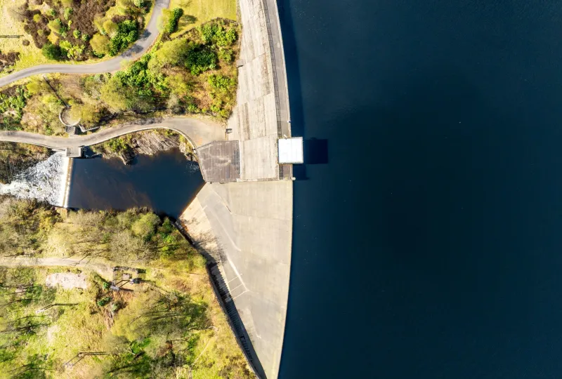 Drone view of dam at Glen Finglas reservoir