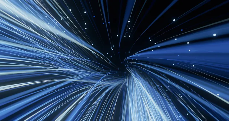 Blue lines representing a data stream flowing out of the image against a black background