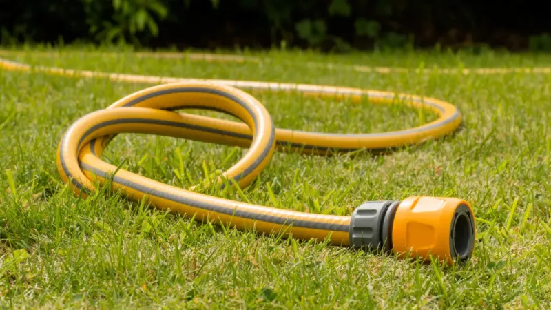 A yellow garden hose with a grey and yellow nozzle attachment is coiled on grass. The background shows some greenery and blurred foliage.