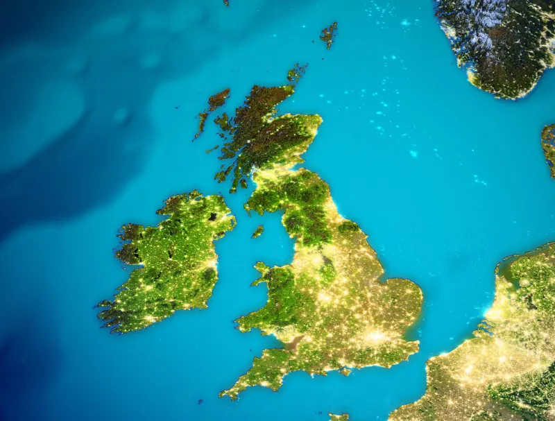 Satellite view of UK in green and blue