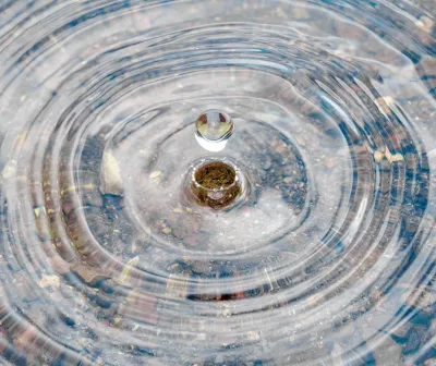 Water drop rising from a splash with pebbles visible below