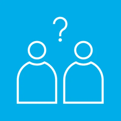 Blue icon depicting two people and a question mark