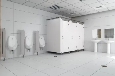 Public toilet in all white, showing cubicles and urinals
